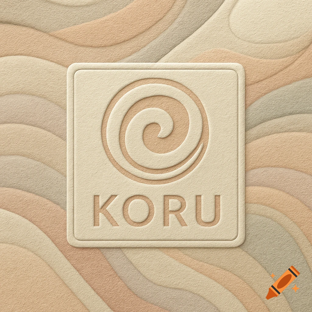 An embossed KORU logo featuring a spiral symbol, set against a layered background with natural, sandy textures in muted earthy tones.