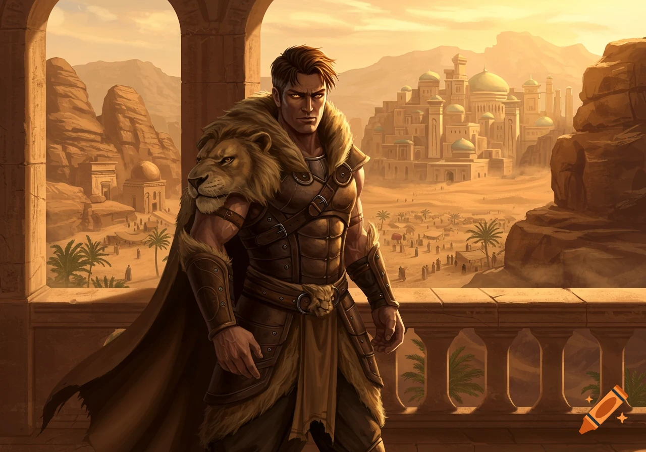 A man in lion-hide leather armor stands on a balcony, overlooking an ancient desert city with mountains at sunset. Fantasy art.