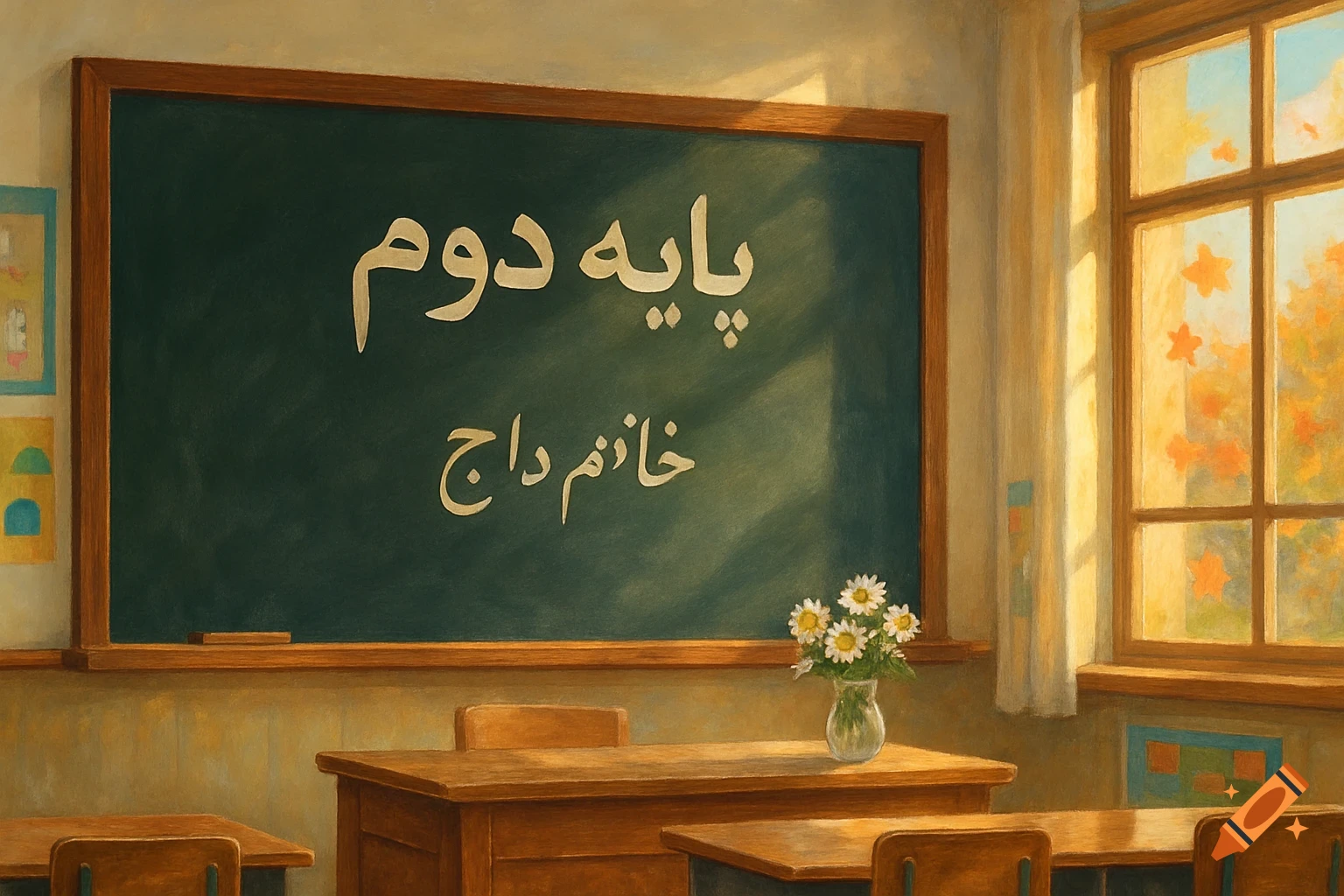 A painterly classroom scene with a blackboard reading "Second Grade" and "Ms. Daj" in Persian, wooden desks, and a window showing autumn trees.