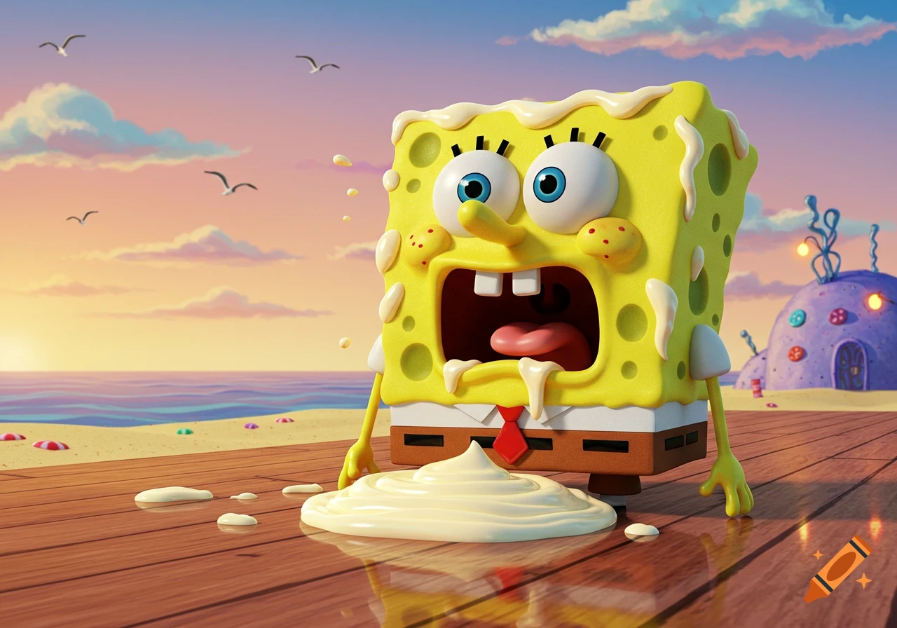 A 3D rendered cartoon Spongebob Squarepants covered in melting mayonnaise, standing on a beach deck at sunset.