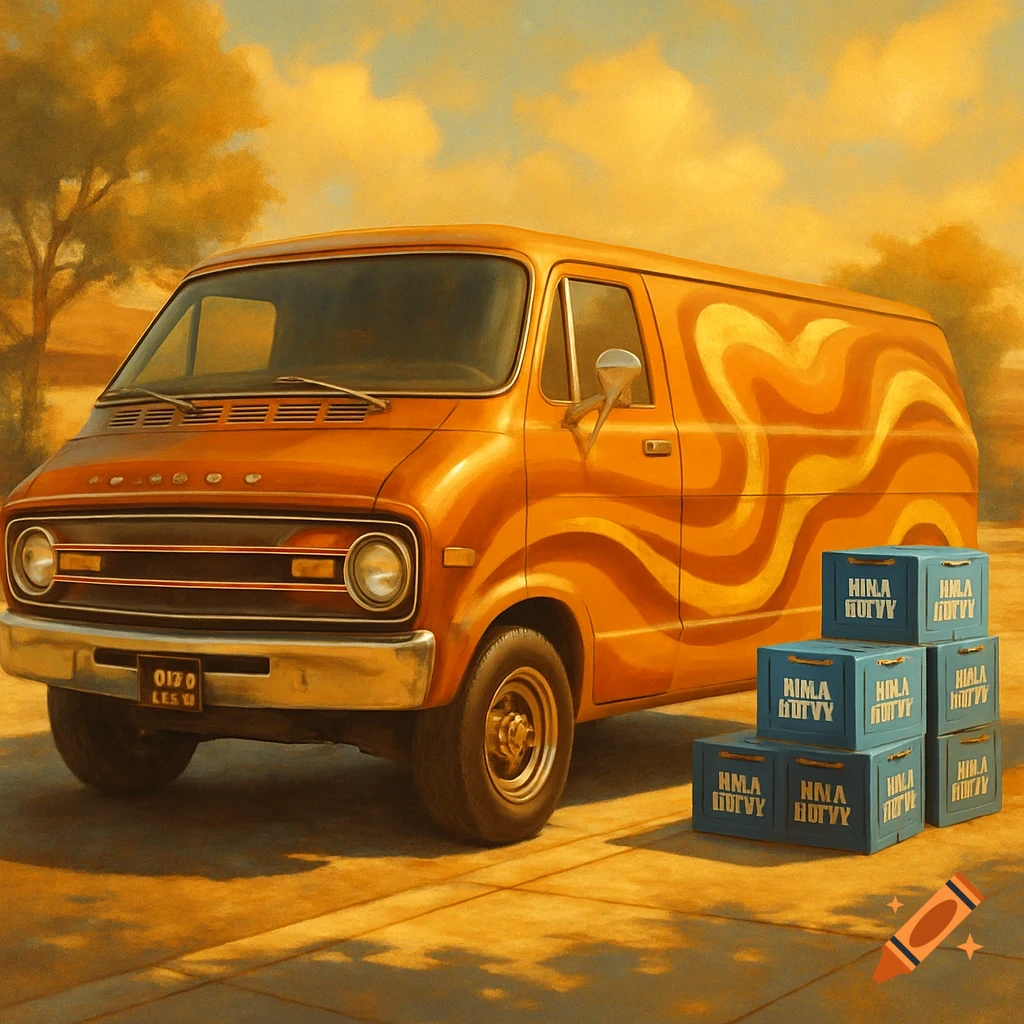 A retro orange 1970s van with swirling patterns parked in a desert landscape with blue boxes, rendered in a warm, painterly style.