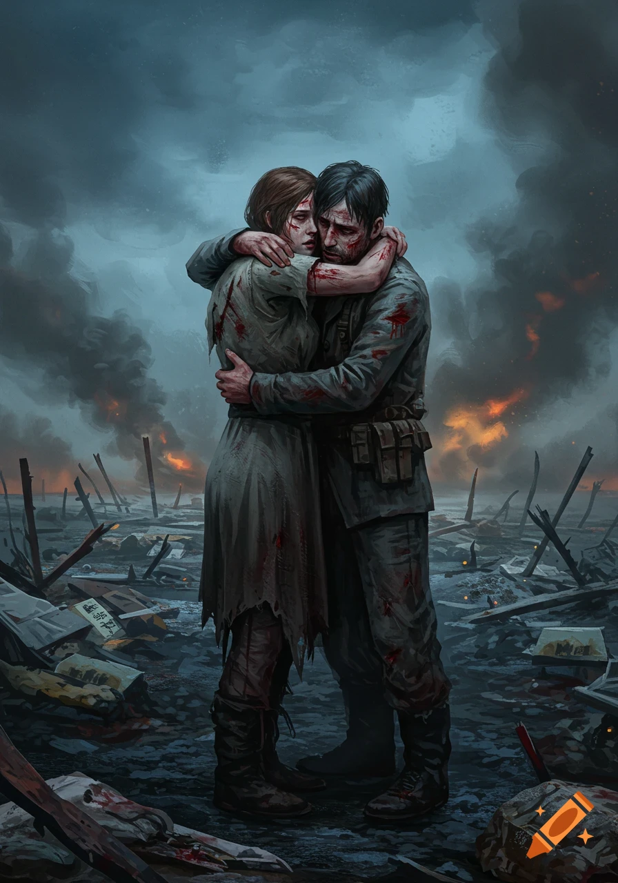 A wounded couple embraces tightly in a ruined, smoking battlefield under a dark sky, in a melancholic digital painting.