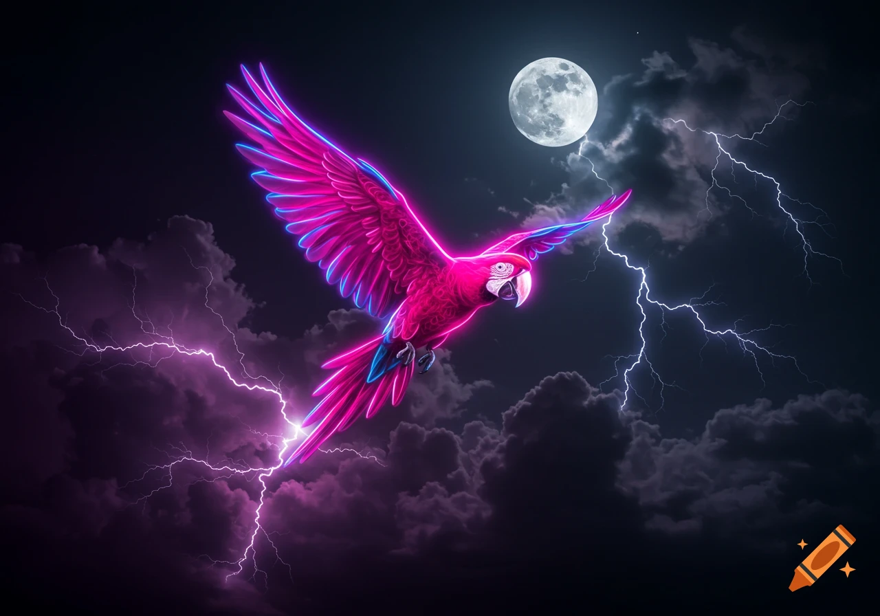 A vibrant neon pink and blue macaw parrot flies through a dark, stormy night sky with lightning under a full moon.