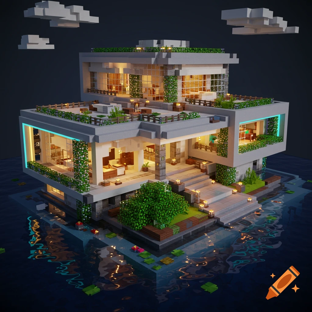 A detailed Minecraft-style modern house with multiple levels, rooftop gardens, and glowing accents, built over water at night.