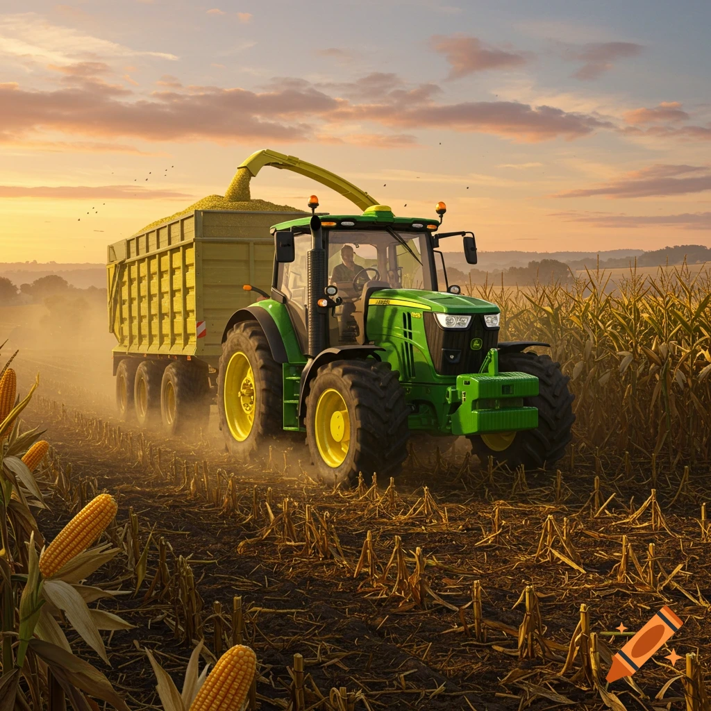 A green John Deere tractor with a yellow trailer harvests corn in a field at sunset, kicking up dust.