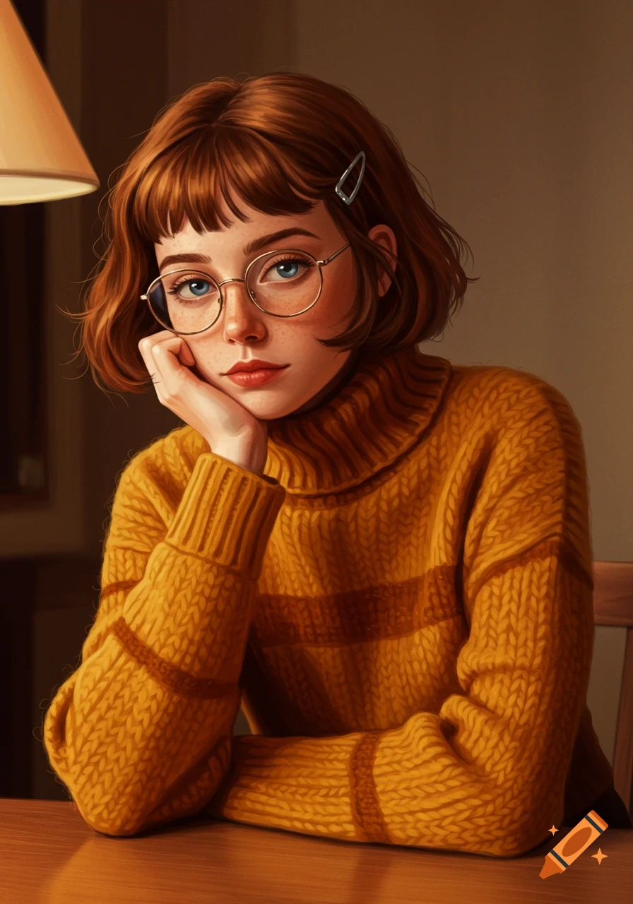 A digital art portrait of a young woman with short brown hair, freckles, and glasses, wearing a yellow turtleneck sweater, resting her chin on her hand at a table.