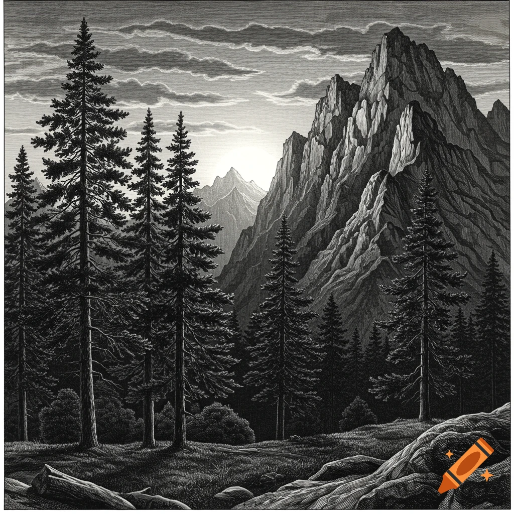 Black and white drawing of a mountain landscape with tall pine trees and a bright sky.