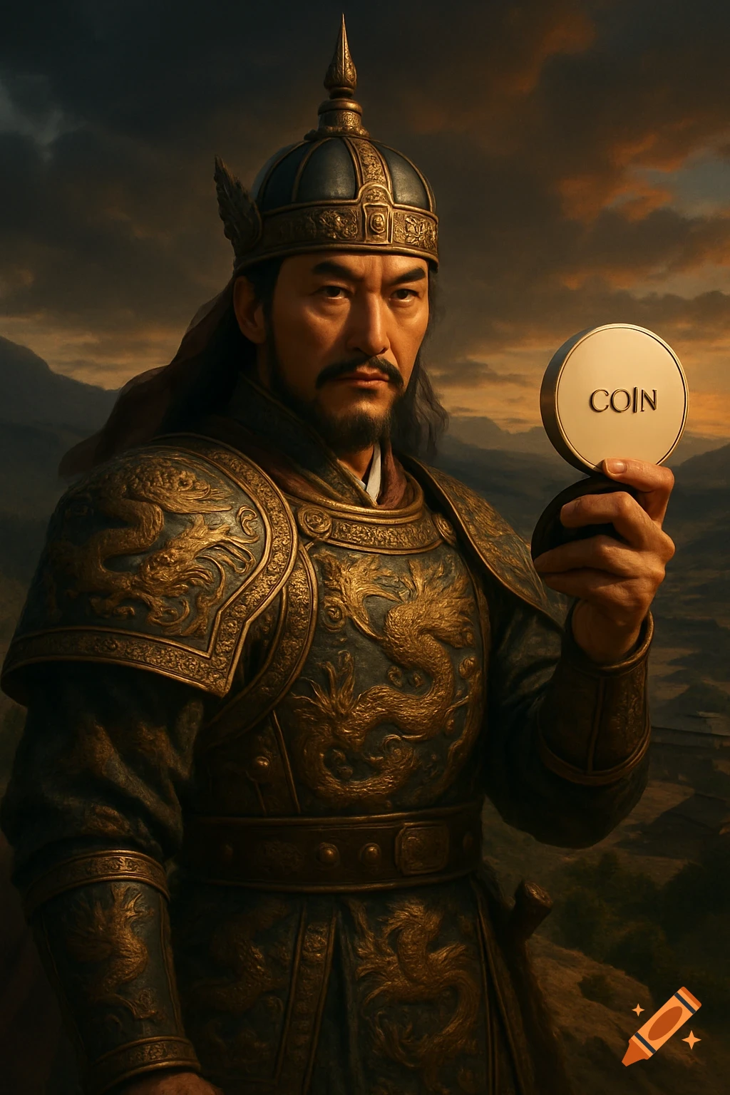 A photorealistic portrait of an ancient Korean warrior in ornate armor holding a circular compact with 'COIN' on it, against a dramatic mountain sky.