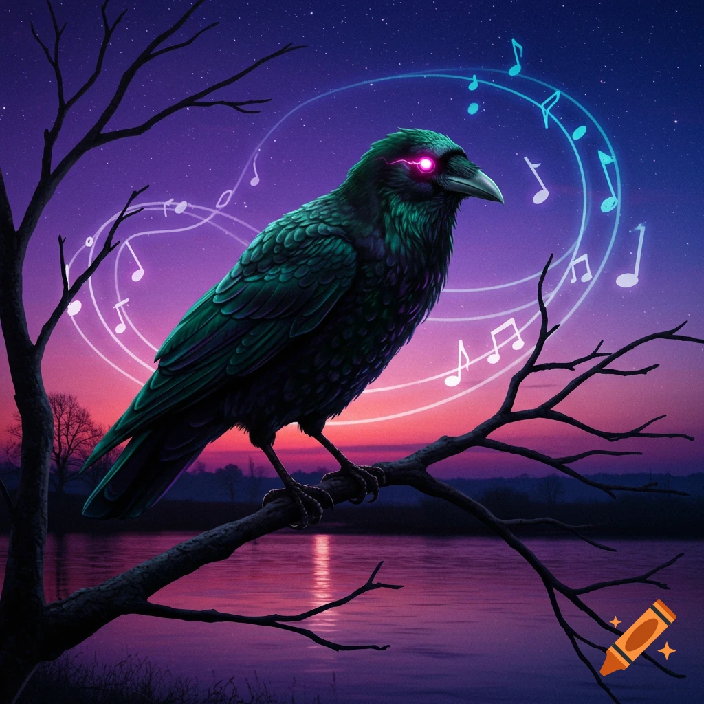 A dark, mystical raven with glowing pink eyes perches on a bare tree branch, surrounded by glowing musical notes against a vibrant purple and orange twilight sky over a reflective lake.