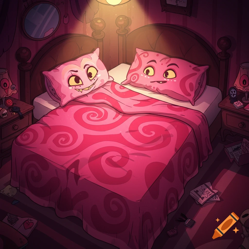 A pink bed with two anthropomorphic pillows with faces, in a dark, stylized Hazbin Hotel-esque bedroom.
