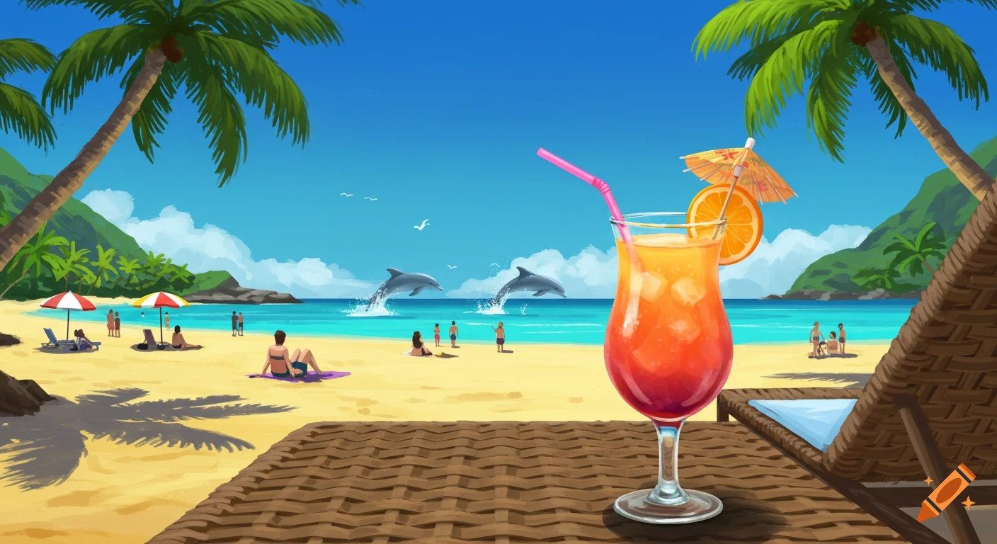 A vibrant, stylized illustration of a tropical beach with palm trees, people relaxing, and dolphins jumping, viewed from a cocktail.