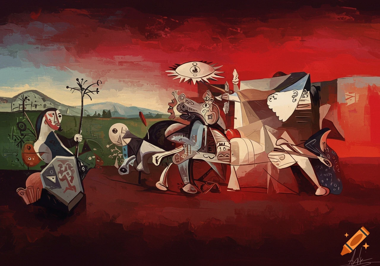 Cubist painting with fragmented figures, horse, and bull against a stark red and green background, reminiscent of Guernica.