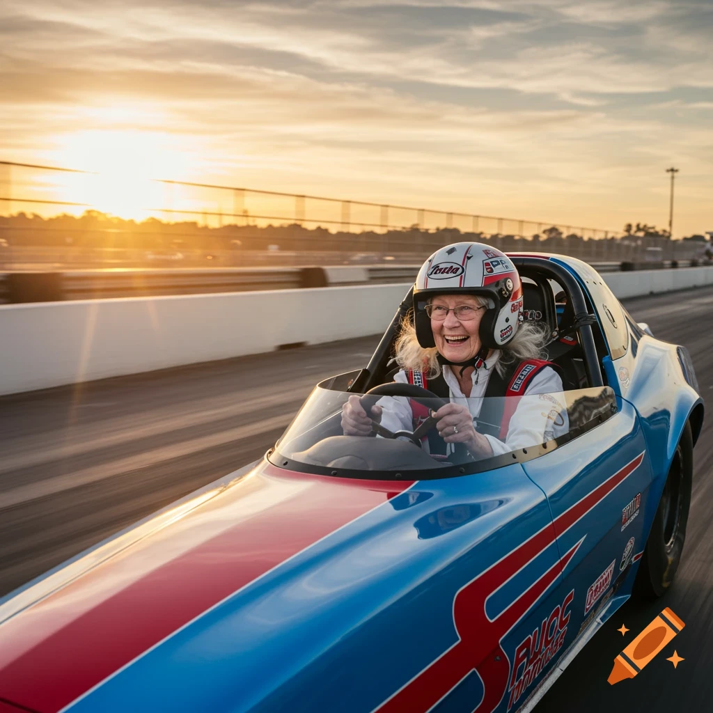 A smiling elderly woman in a helmet drives a blue and red drag race car on a track at sunset in a photorealistic style.