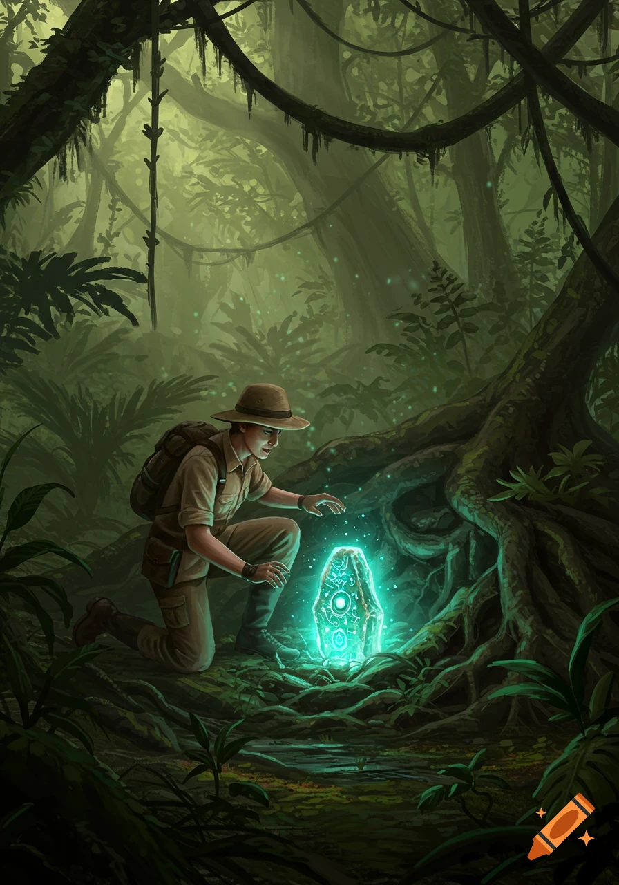 An explorer kneels in a lush jungle, gazing at a glowing, ancient relic on the ground, digital painting.
