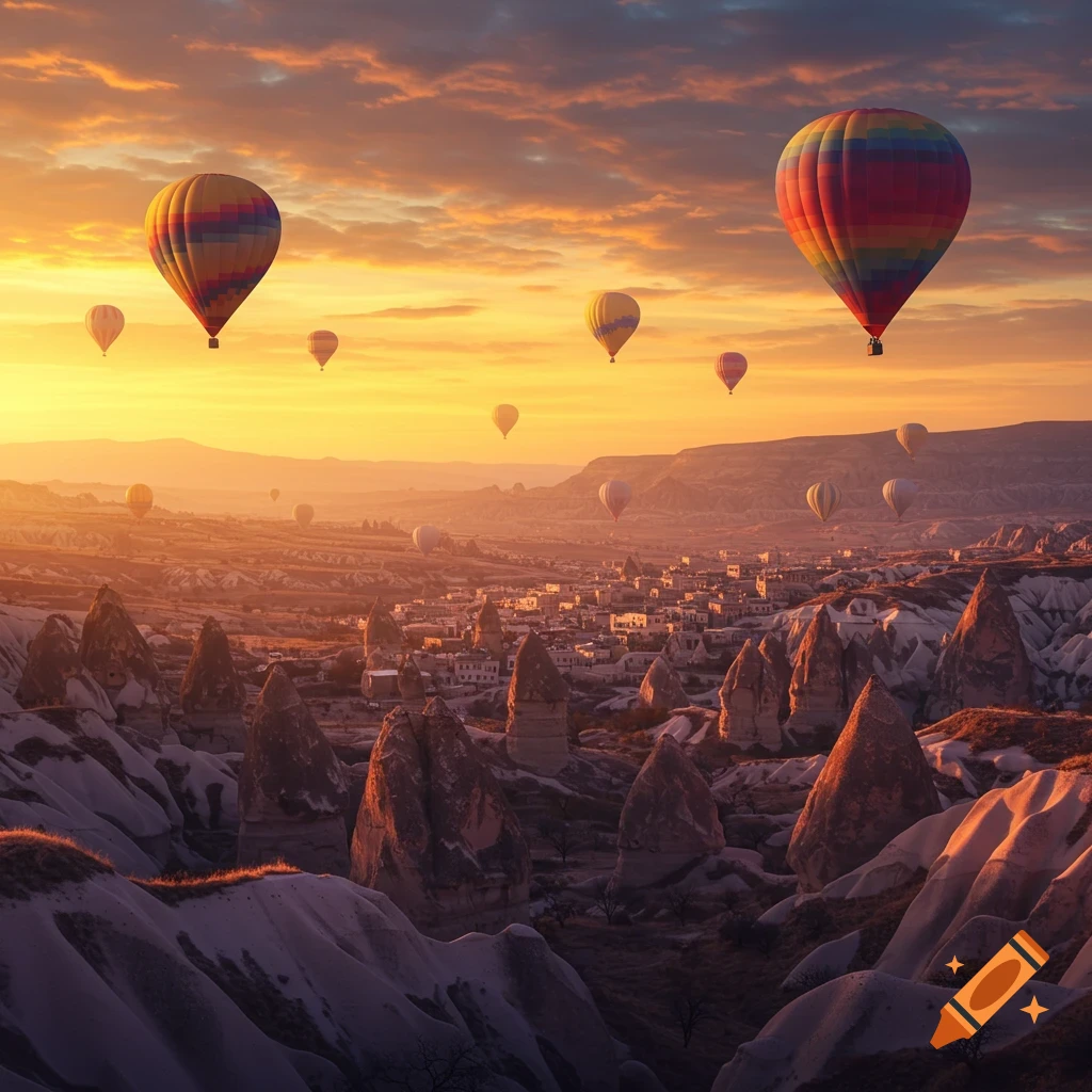 Colorful hot air balloons float over the rugged valleys of Cappadocia, Turkey, during a beautiful sunset.