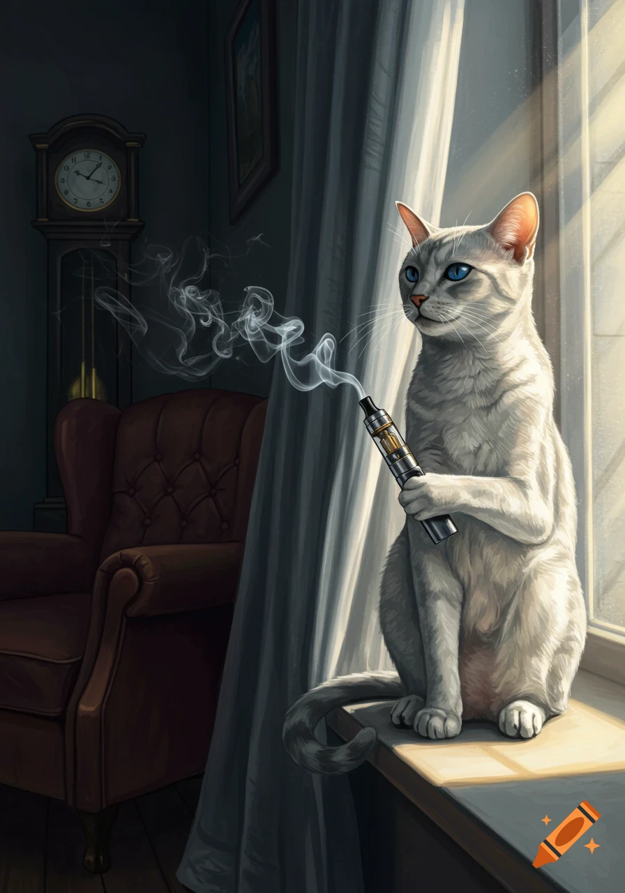 A white cat with blue eyes sits on a sunlit window sill, holding a vaping device with smoke rising. A dark room with a grandfather clock is in the background.