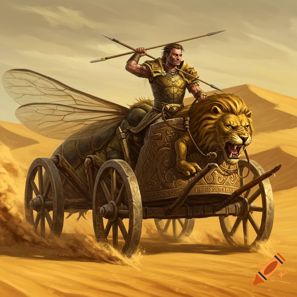 A warrior in gold lion-hide armor rides a chariot pulled by a monstrous bug and a roaring lion through a desert, holding javelins.