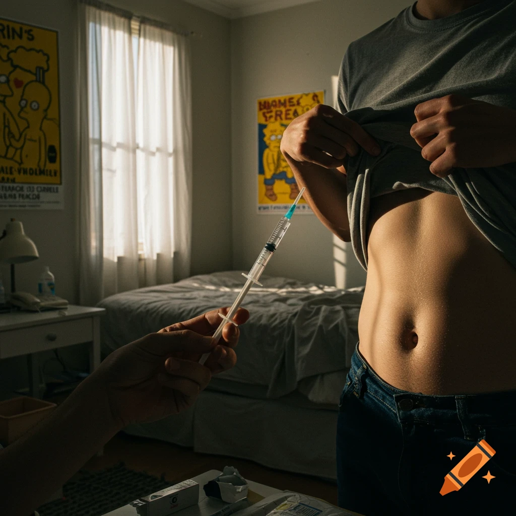 A person lifts their gray t-shirt to reveal their abdomen while another hand holds a syringe nearby, in a softly lit bedroom.