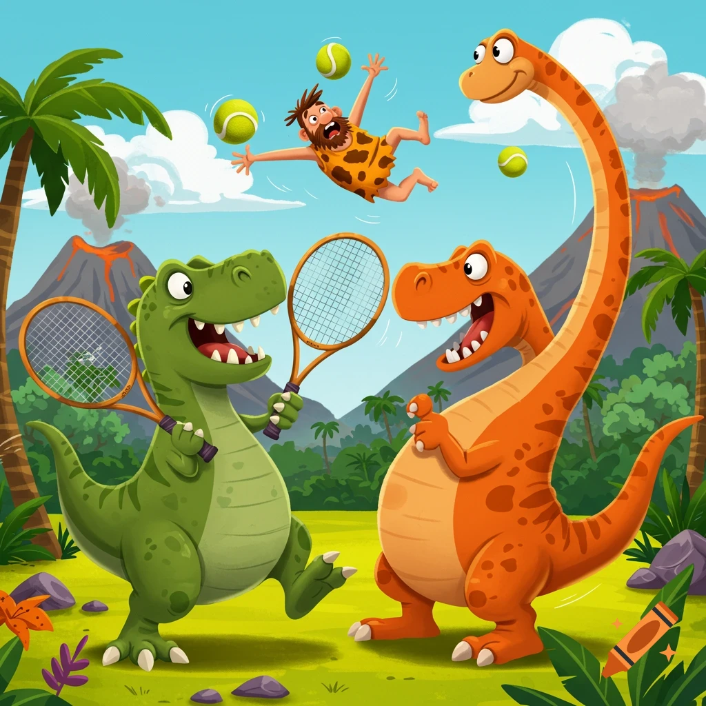 Cartoon dinosaurs play tennis with a caveman in a prehistoric volcanic landscape.