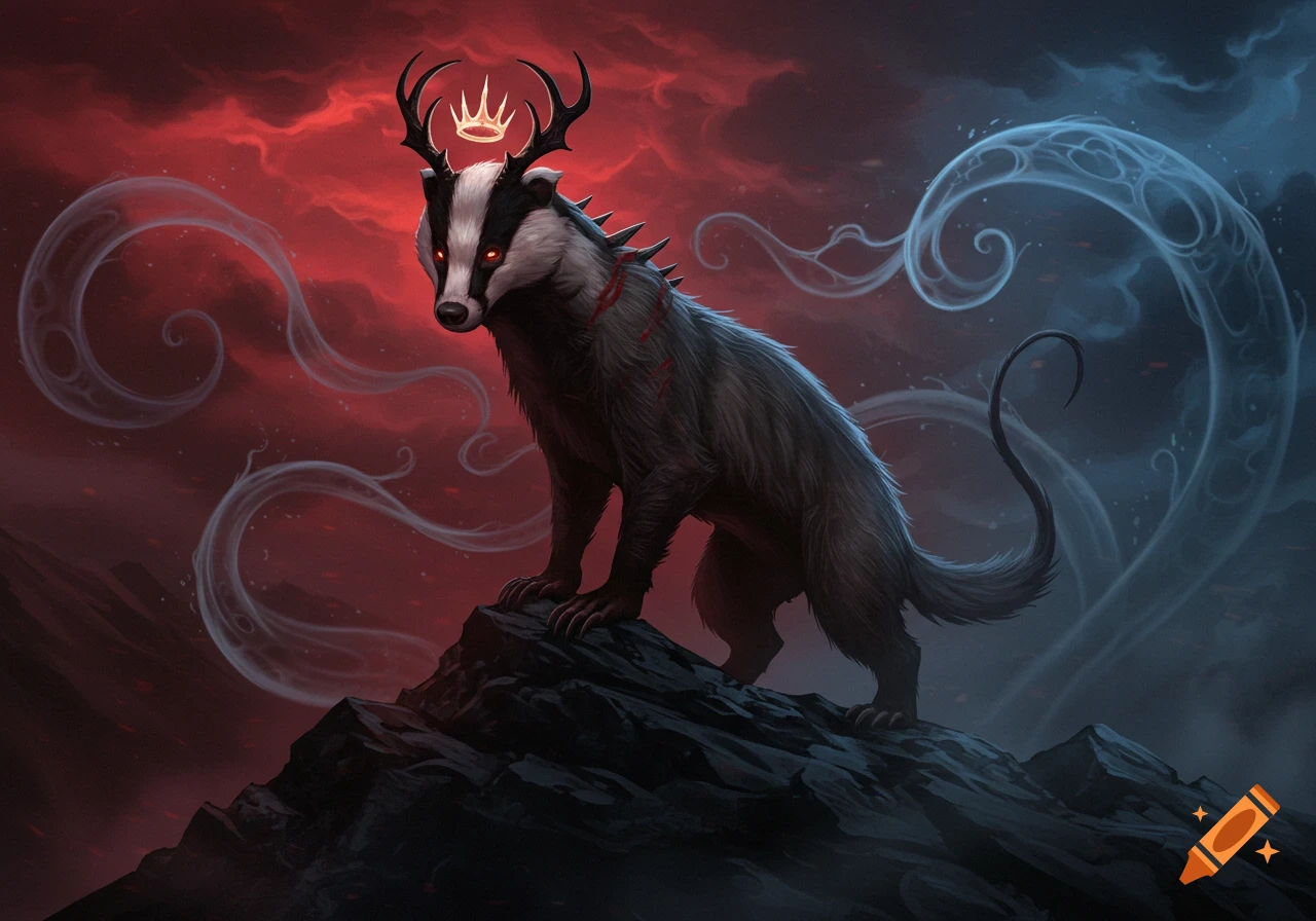A fantasy illustration of a badger demon with antlers and a crown, glowing red eyes, standing on rocks against a dramatic red and blue smoky sky.