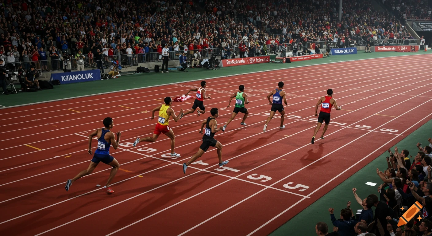 Photorealistic image of athletes racing on a track in a stadium with a cheering crowd under bright lights.