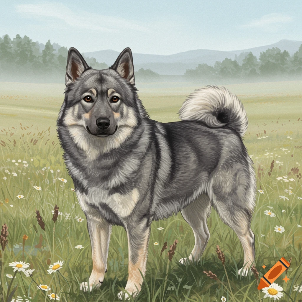 Gray and white Norwegian Elkhound and Danish-Swedish Farmdog mix standing in a field of wildflowers, illustration.
