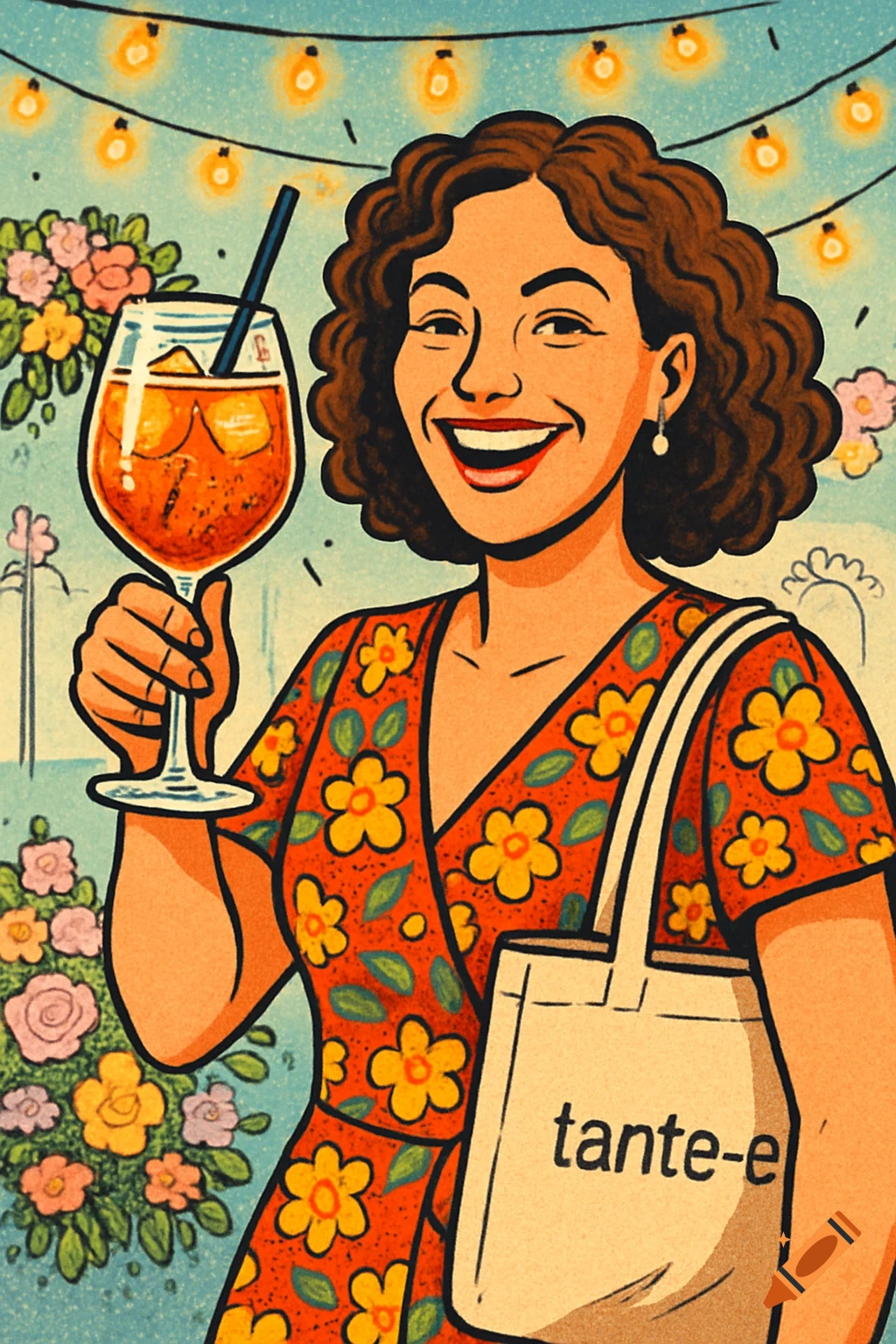 A cheerful comic-style illustration of a woman with curly hair holding an Aperol Spritz and a 'tante-e' tote bag in a festive setting with flowers and fairy lights.