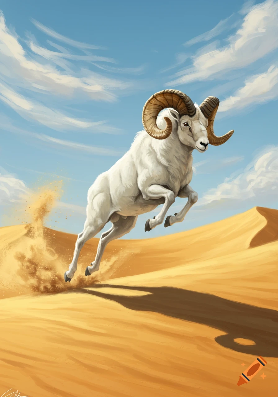 A white ram with large curved horns leaps over golden sand dunes, kicking up sand, under a blue sky with clouds. Painted style.