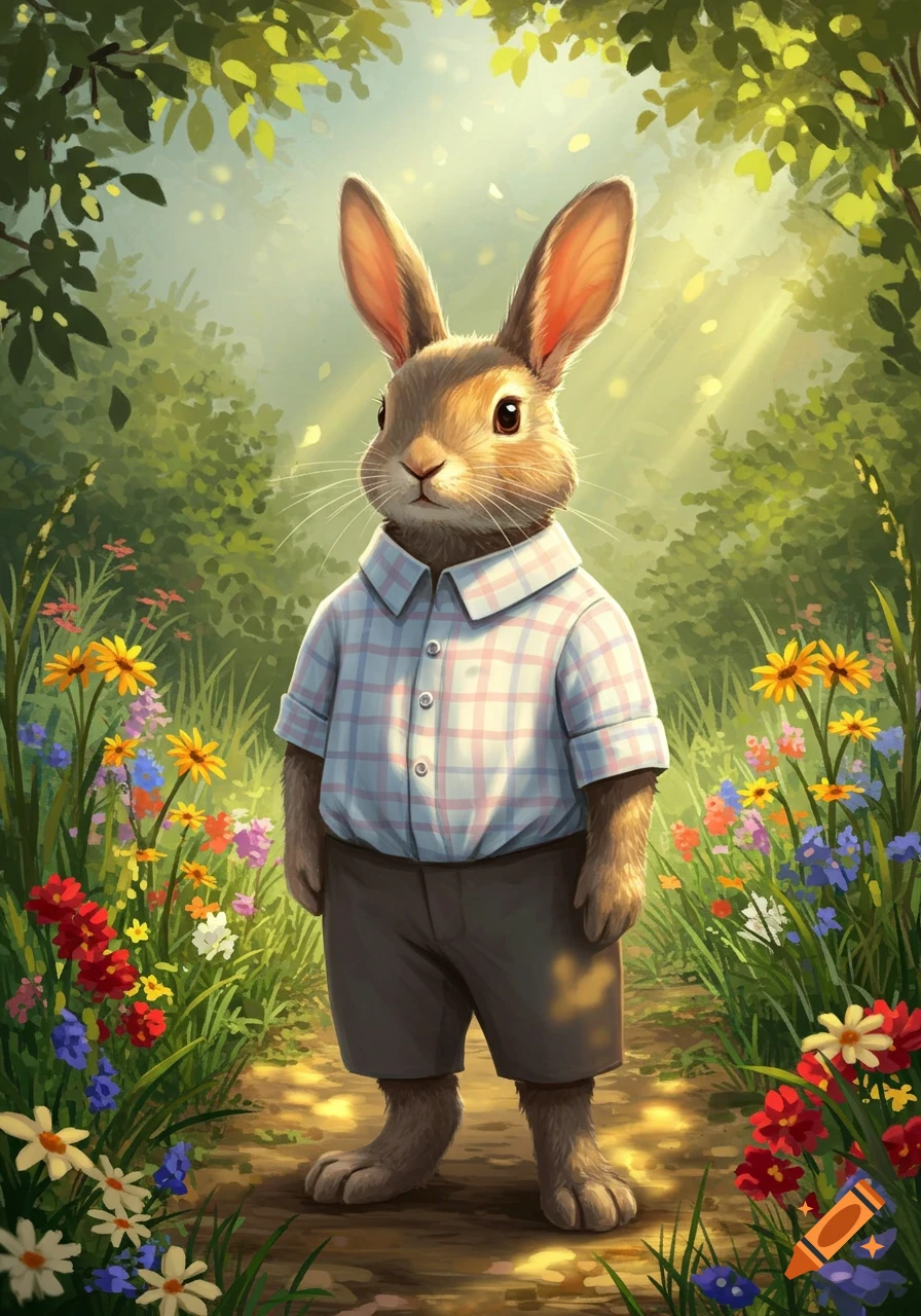 An anthropomorphic bunny wearing a plaid shirt and shorts stands on a sunny forest path amid colorful wildflowers and green trees.