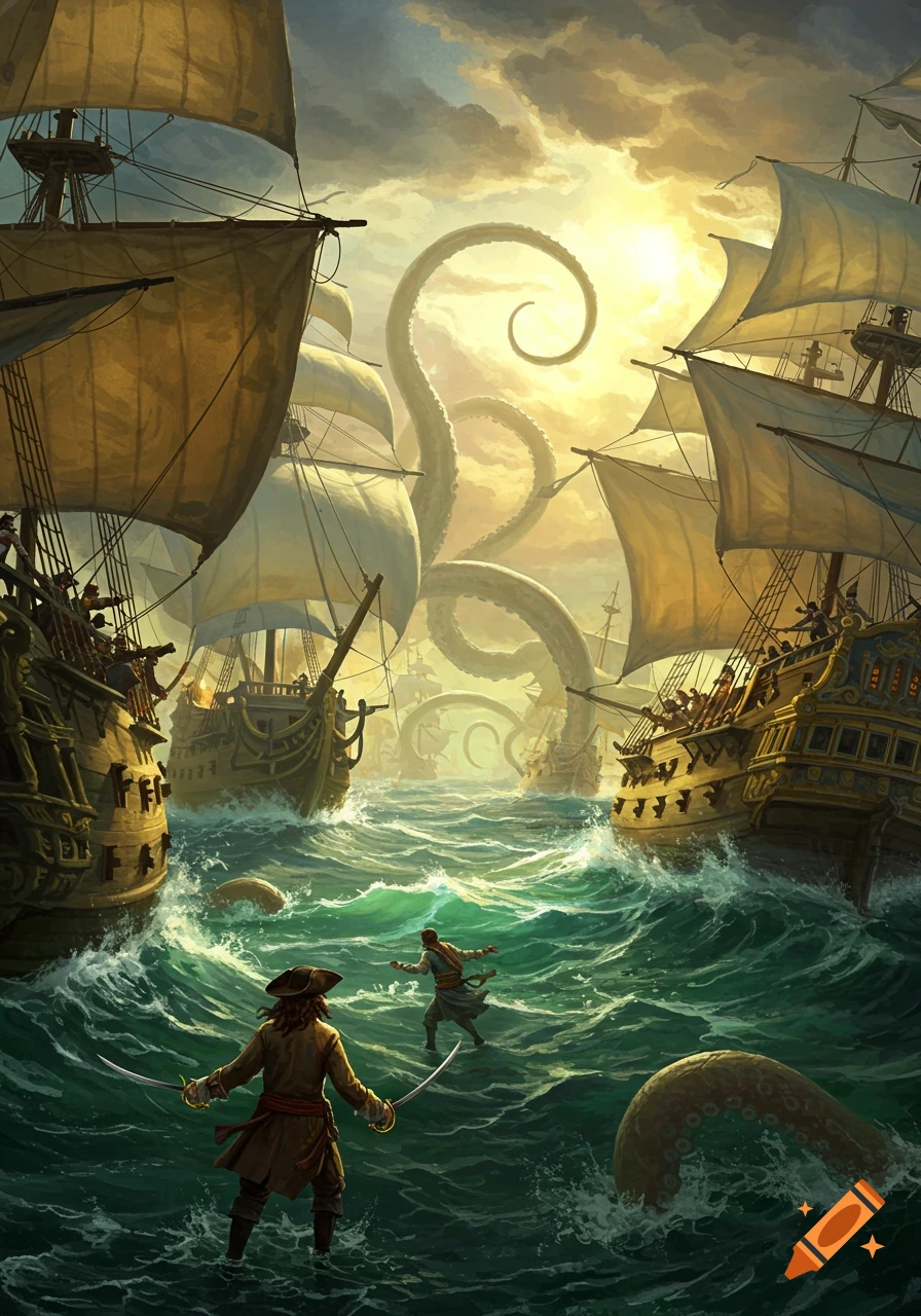 Pirate ships on a stormy sea battling a giant kraken under a dramatic sunset sky in a fantasy illustration style.