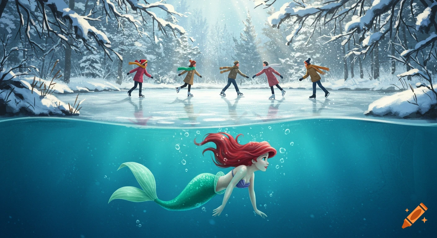 Illustrated scene of Ariel the mermaid swimming under a frozen lake while people ice skate on top in a snowy forest.
