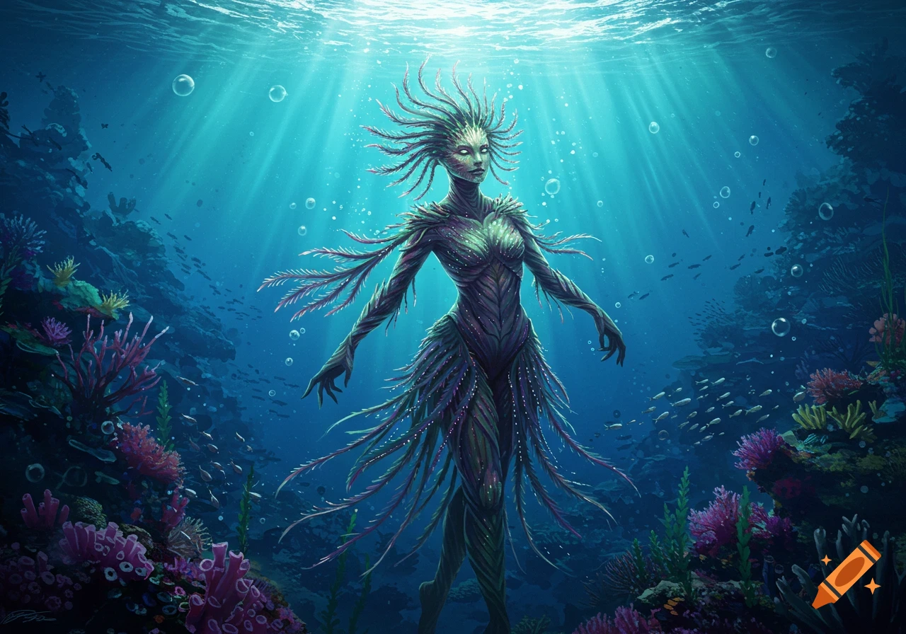 Fantasy crinoid-like humanoid creature stands underwater amidst vibrant coral reefs, with sun rays from above.