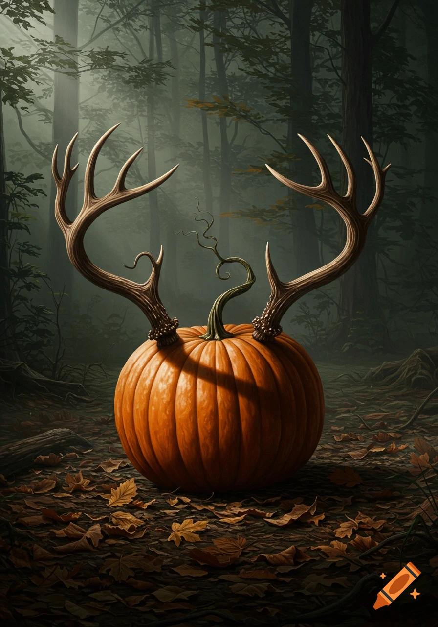 An oil painting of an orange pumpkin with brown antlers on a dark, leafy forest floor.