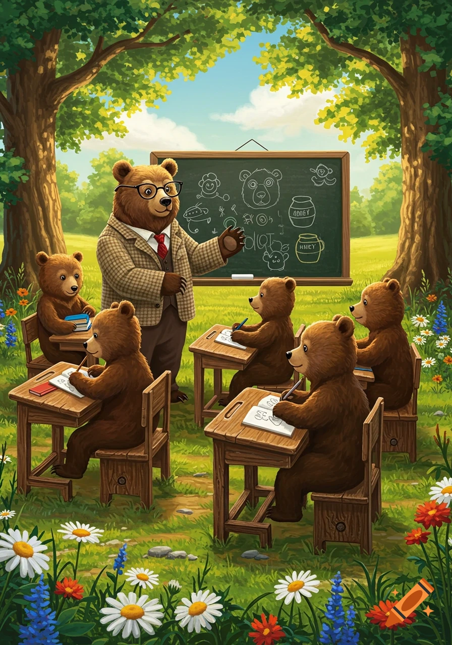A cartoon bear teacher instructs student bears at desks in an outdoor classroom under a tree with a blackboard.