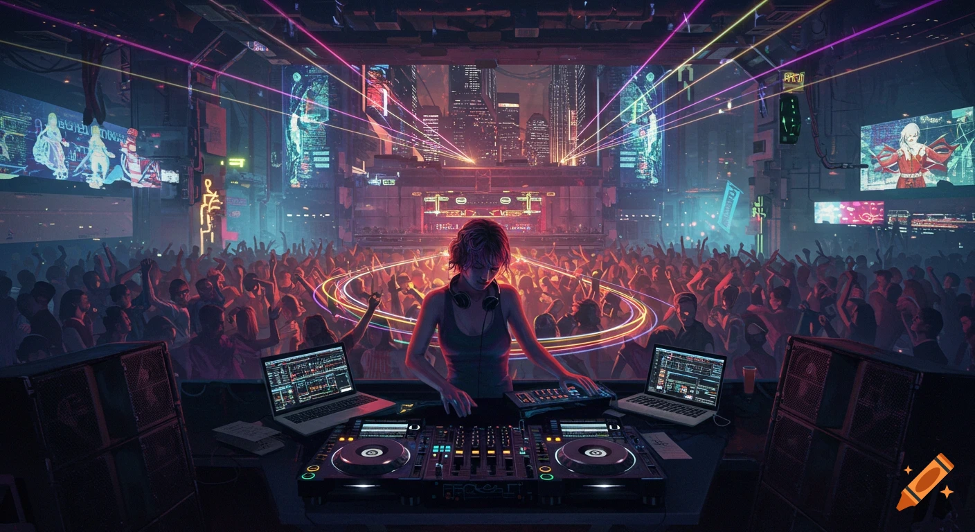 A female DJ with headphones at a vibrant, futuristic rave party, with neon lasers, a dense crowd, and a cyberpunk cityscape in the background.