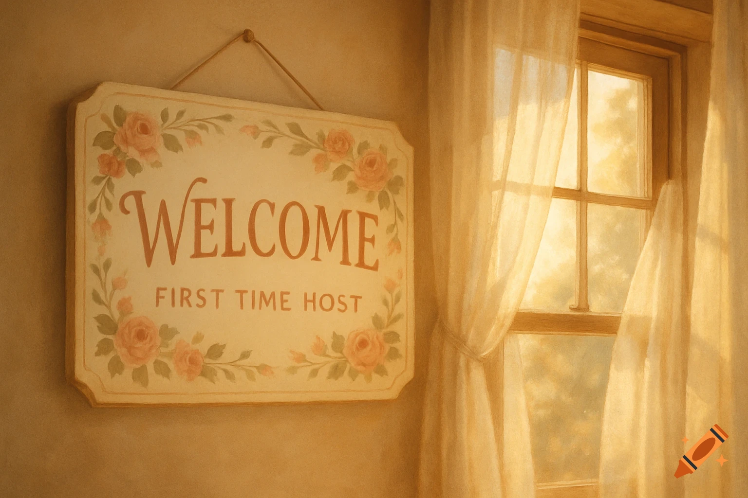 A decorative 'Welcome First Time Host' sign with roses next to a sunlit window with sheer curtains.