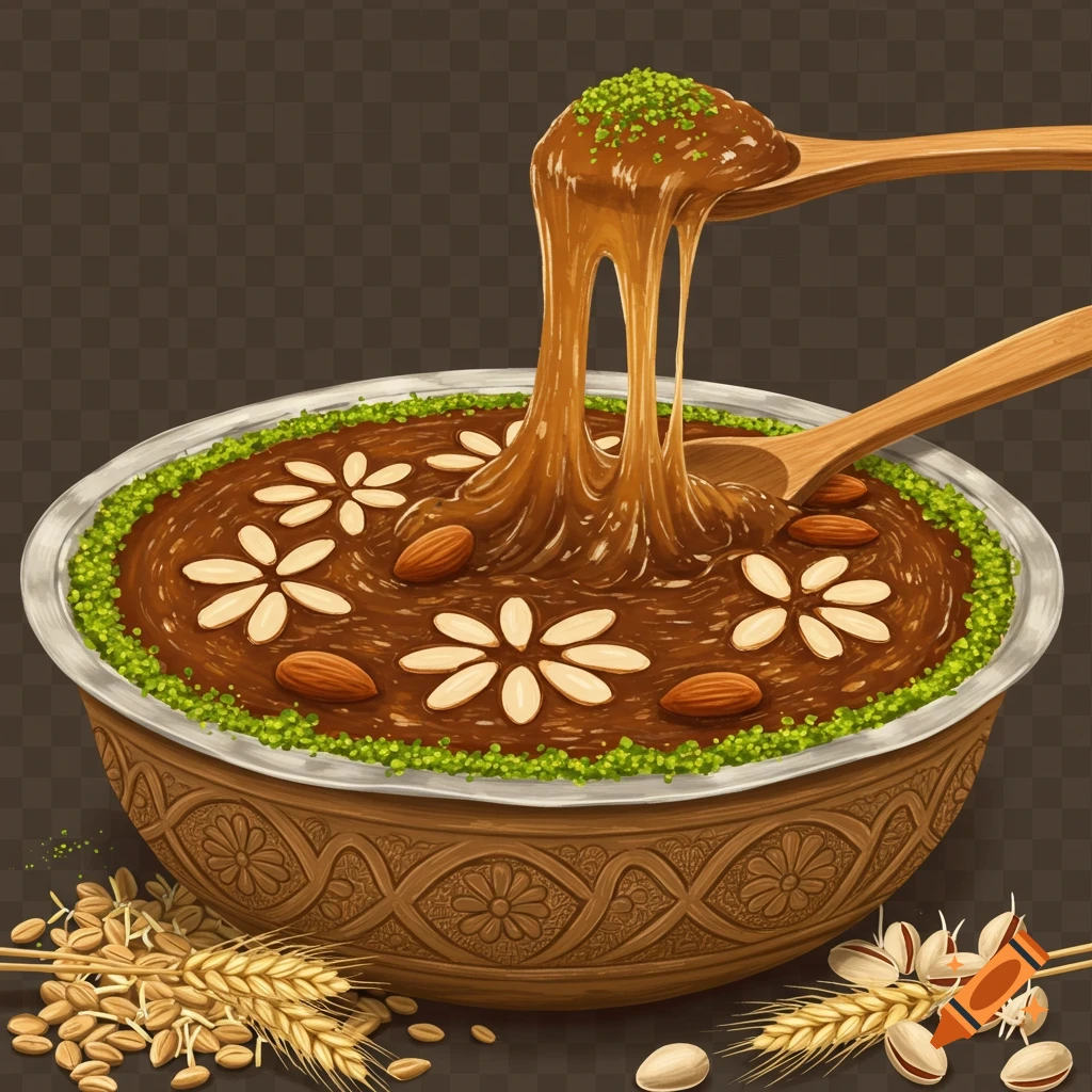 Illustrative Samanu dessert in a decorated bowl with almond flowers, pistachio, and wheat. Sticky Samanu is lifted by a wooden spoon.