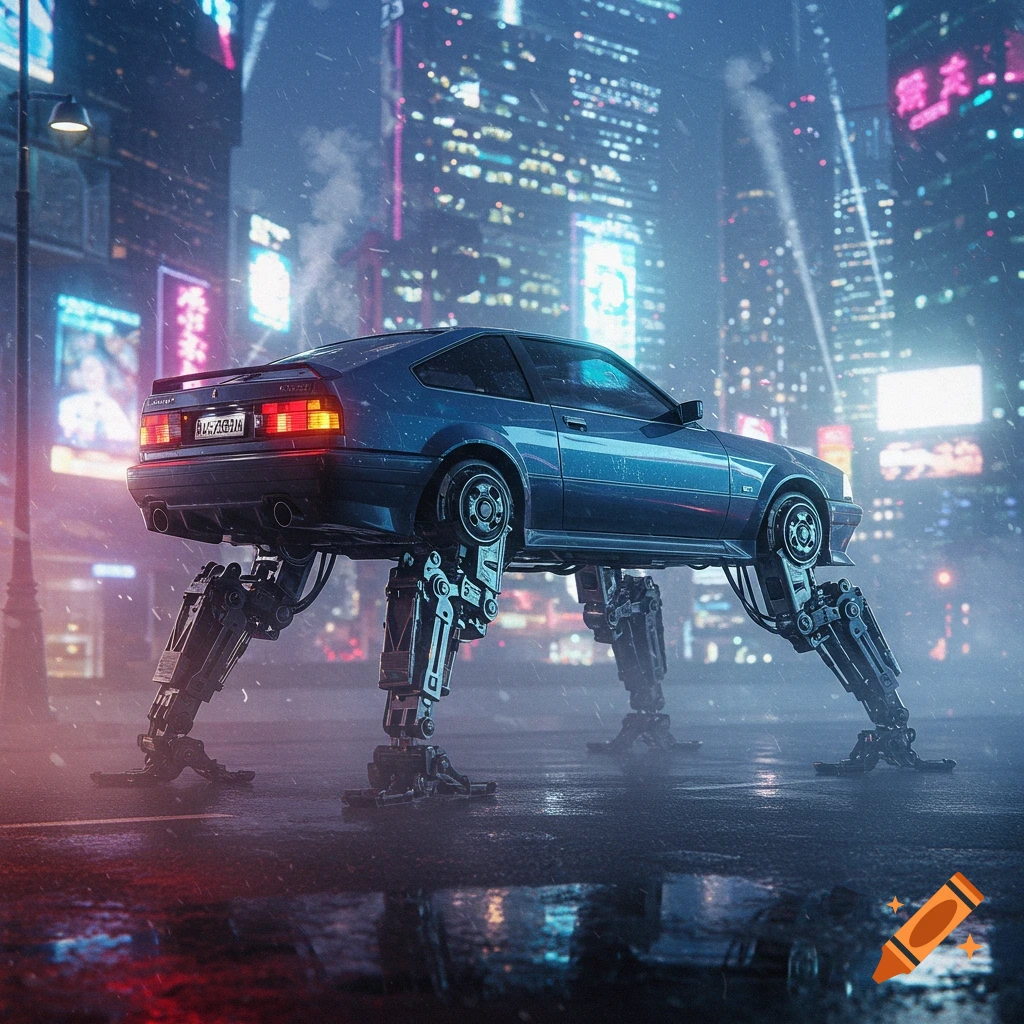 A blue car with robotic legs stands on a wet street in a rainy, neon-lit cyberpunk city.