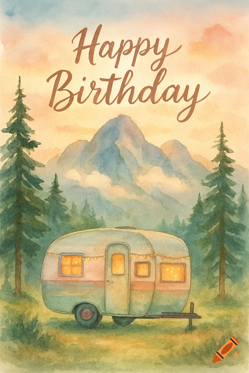 Watercolor painting of a vintage camper in a mountain landscape at sunset, with 'Happy Birthday' written in script.