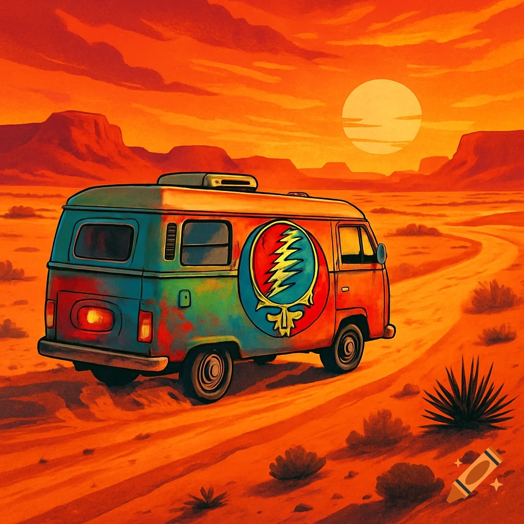 A colorful camper van with a Grateful Dead 'Stealie' logo drives on a dirt road through an orange desert landscape at sunset in an illustrative style.