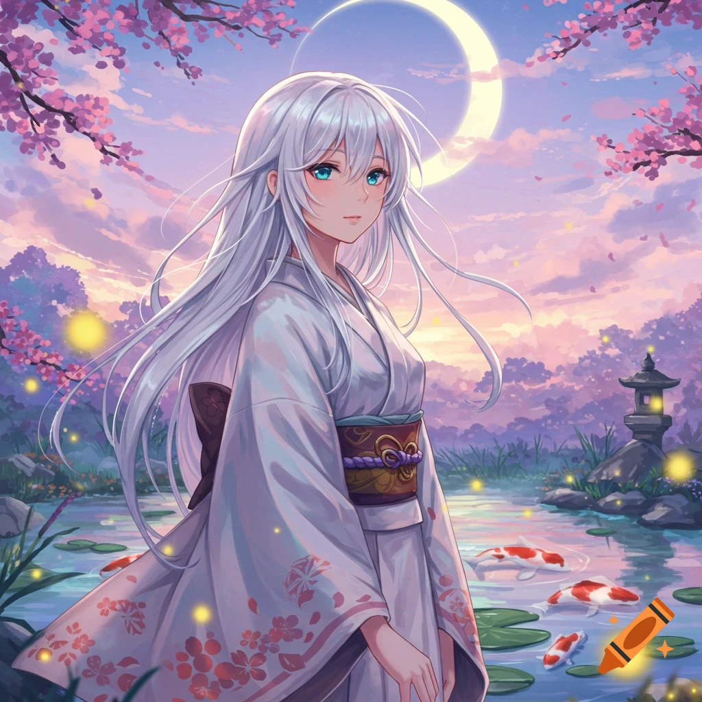 A white-haired anime girl in a kimono stands by a pond with koi fish under a crescent moon and cherry blossoms in a twilight sky.