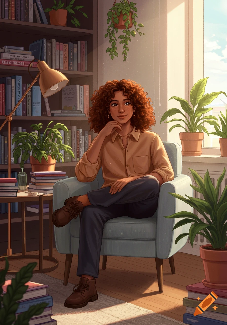 An illustrated woman with curly hair sits in an armchair surrounded by bookshelves and plants, bathed in soft light.