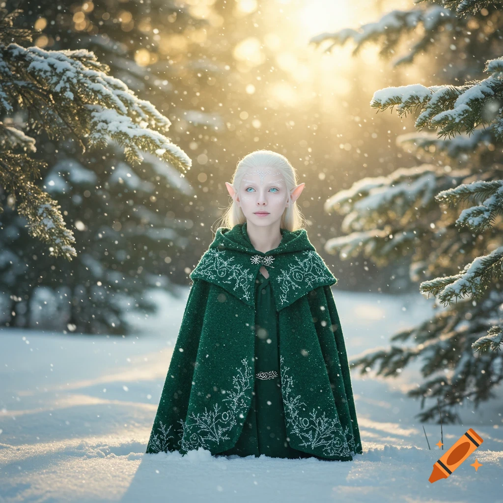Photorealistic portrait of an albino elf with blue eyes, wearing an embroidered green cape, in a snowy winter forest.