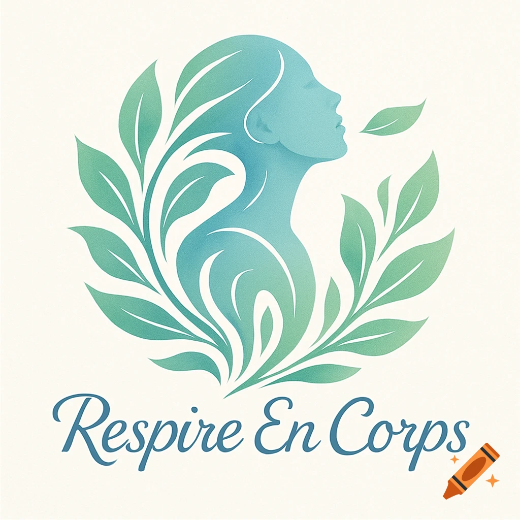 Stylized logo featuring a woman's profile made of blue and green, surrounded by green leaves, with 'Respire En Corps' text.