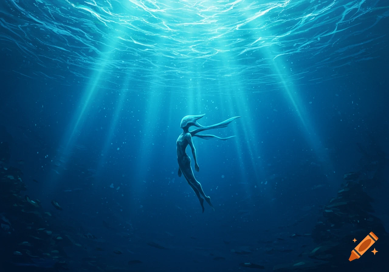 An ethereal, slender humanoid figure with flowing head appendages floats in deep blue water, illuminated by light rays from the surface.