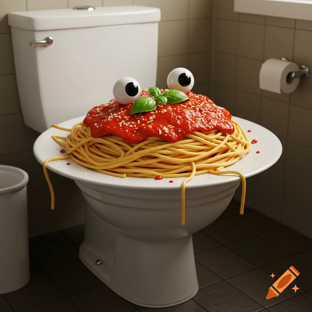 A humorous image of spaghetti with googly eyes, red sauce, and basil sitting on a toilet in a bathroom.