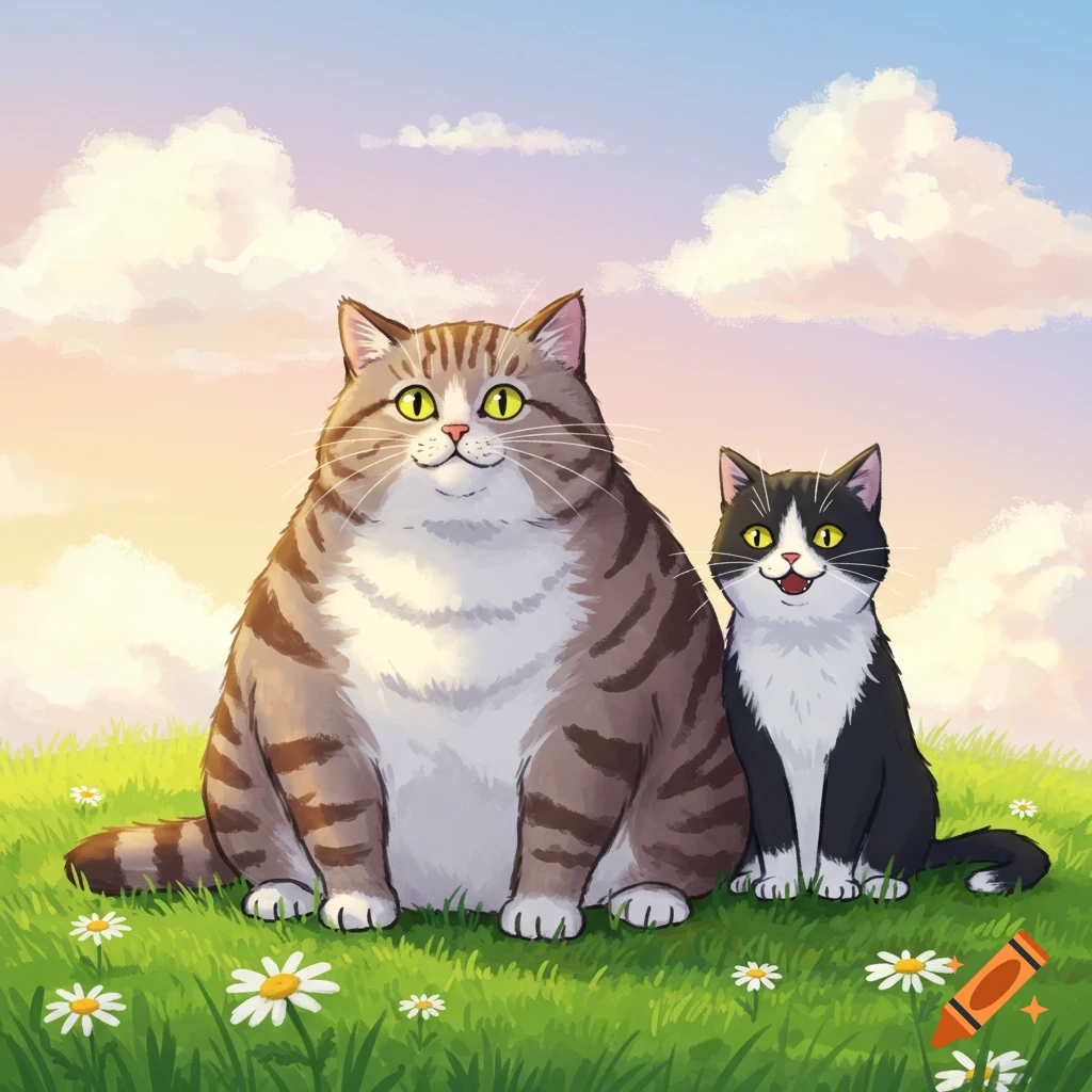 A plump cartoon tabby cat and a smaller tuxedo cat sit in a grassy field with white daisies under a pastel sky.