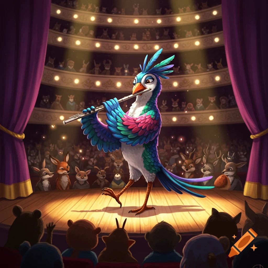 A colorful cartoon bird plays a flute on a stage for an audience of cartoon animals in a theater.