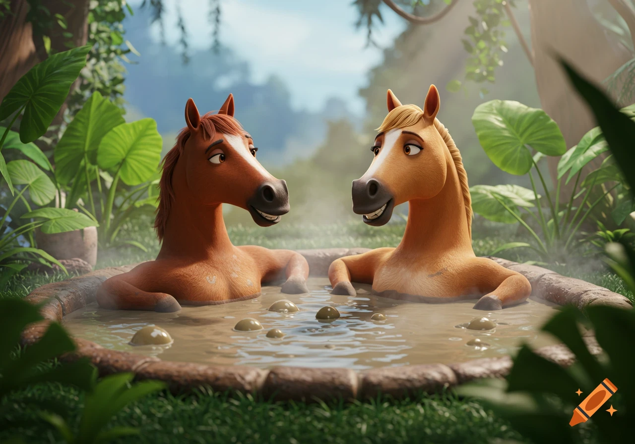 Two animated brown and blonde horses relax in a steaming mud hot tub in a lush jungle setting.