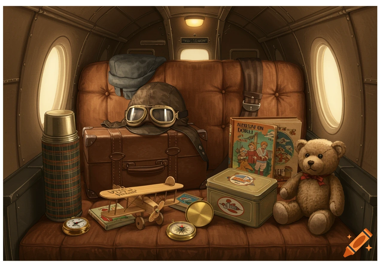An illustration of vintage travel items including a thermos, suitcase, pilot's helmet and goggles, books, a toy airplane, and a teddy bear, all arranged on a brown padded seat inside an airplane cabin.